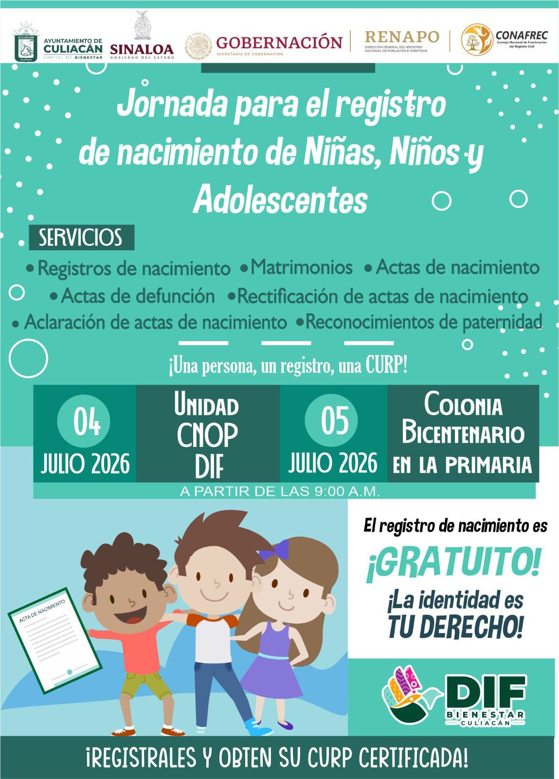 DIF Culiacán y RENAPO acercan jornada gratuita de Registro Civil para garantizar el derecho a la identidad